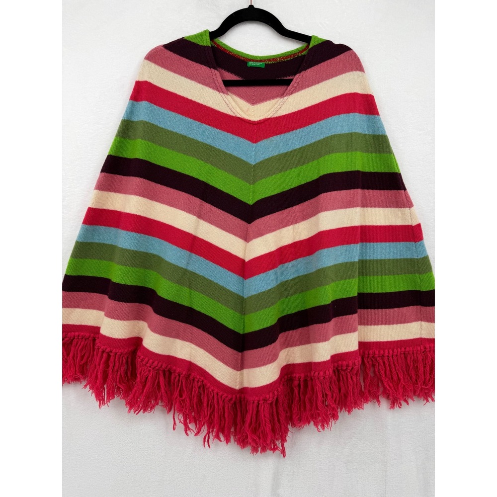 Vintage United Colors of Benetton Wool Blend Striped Fringed Poncho One Size